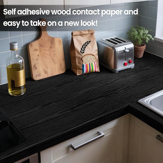 COSNIGHT Black Peel and Stick Wallpaper, Wood Grain Contact Paper Self Adhesive 15.7'' x 118'' Vinyl Wrap, Removable Wall Paper for Kitchen Countertop, Cabinet, Drawer, Shelf Liner