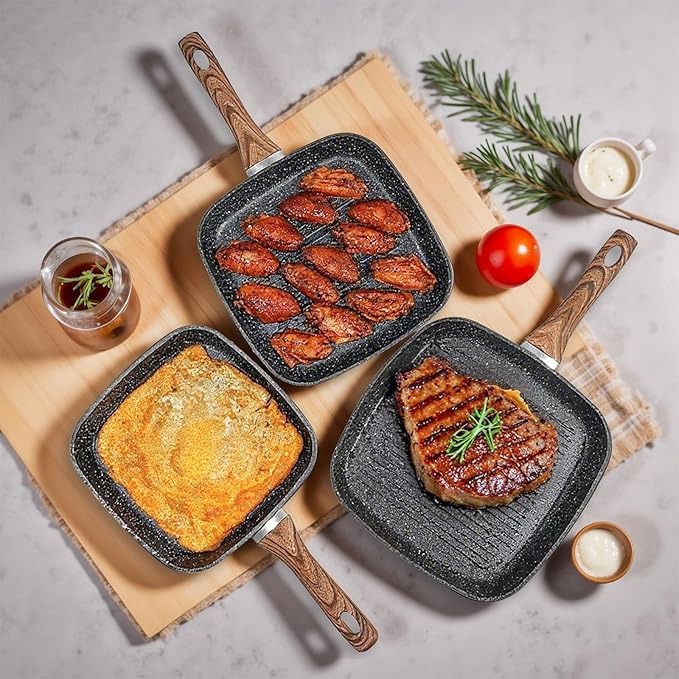 DUMOS 3 Pcs Grill Pans Set, Nonstick Square Frying Pan Skillet Set with Stay Cool Handle & PFOA Free, Compatible with All Stovetops (9.5" 10" 11") Black