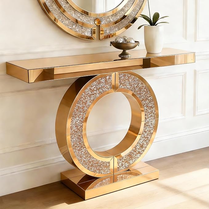 SSLine Mirror Console Table for Living Room 43" Modern Mirrored Entryway Table with Crystal O-Shape Base Luxury Brown Glass Foyer Tables for Entryway Hallway