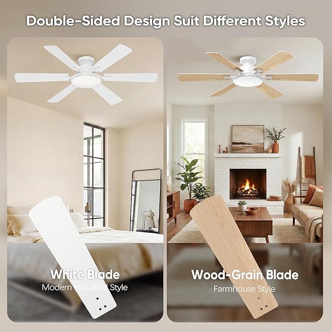 52 Inch Ceiling Fans with Lights, 6 Double Sided Blades, Ultra Quiet Reversible DC Motor, Remote & APP Control, 6 Speeds, 3CCT Dimmable LED with Memory Function, Flush Mount for Living Room, White