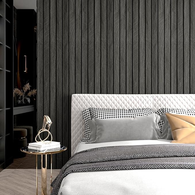 Wallercity 3D Wood Black/Grey Wall Panels Wood Slat Acoustic Panel for Walls & Ceiling Peel and Stick Textured Sound Absorbing Panel for Bedroom Living Room Vinyl Waterproof Fence Paneling 11.7x197 IN