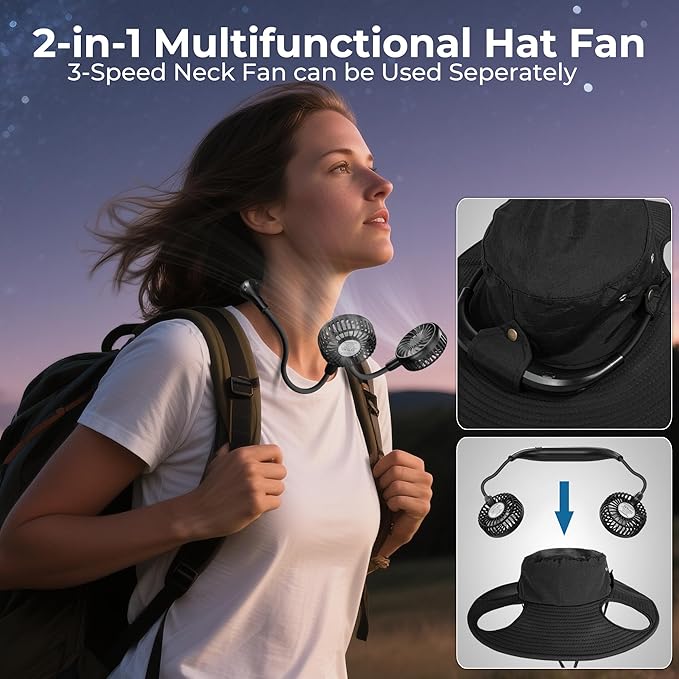 Cooling Sun Hat with Fan Rechargeable, UPF50+ Bucket Hat, 8-16H Neck Fan Hat for Camping Beach Essentials, Gift for Men Women