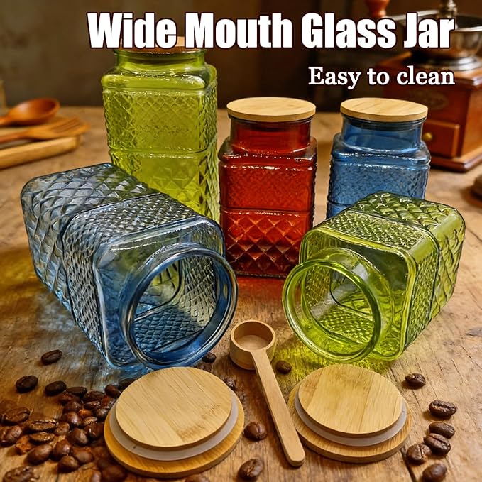 Coriario 1 Gallon Vintage Glass Jar with Lid Wood Spoon Blue Square Glass Storage Canisters Wide Mouth Jars for Food Candy Flour Sugar Cookie Coffee Nuts Decorative