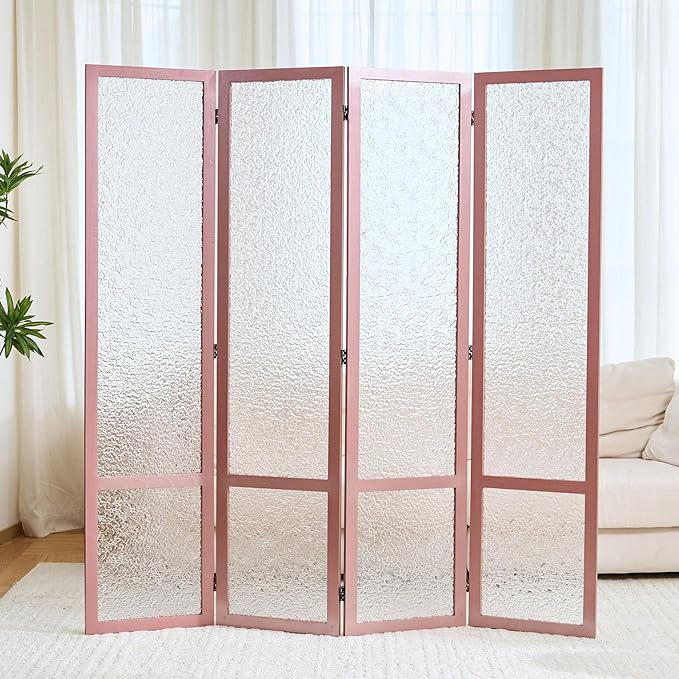 4 Panel Acrylic Room Divider Privacy Screen - Freestanding Frosted Translucent Partition, Lightweight Modern for Home Office Studio (Pink, 4 Panels)