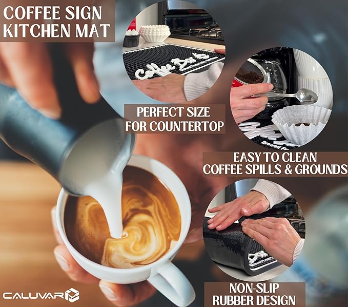 Brewed Fresh Daily Silicone Coffee Bar Mat 18x12 in, Self Serve Coffee Station Sign Mat, Hostess Gift, Farmhouse Kitchen Decor, Non-Slip Espresso Machine Mat, Barista Accessories