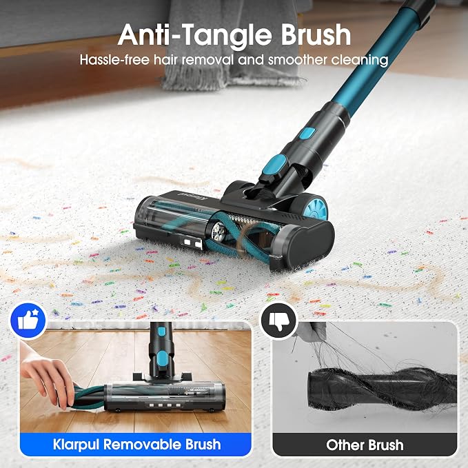 Klarpul Cordless Vacuum Cleaner, 650W 55KPA 70Mins Runtime Fast Charging Vacuum Cleaner, Self-Standing LED Light Touch Screen Stick Vacuum for Home Light Weight,for Pet Hair/Carpet/Floor, Cyan