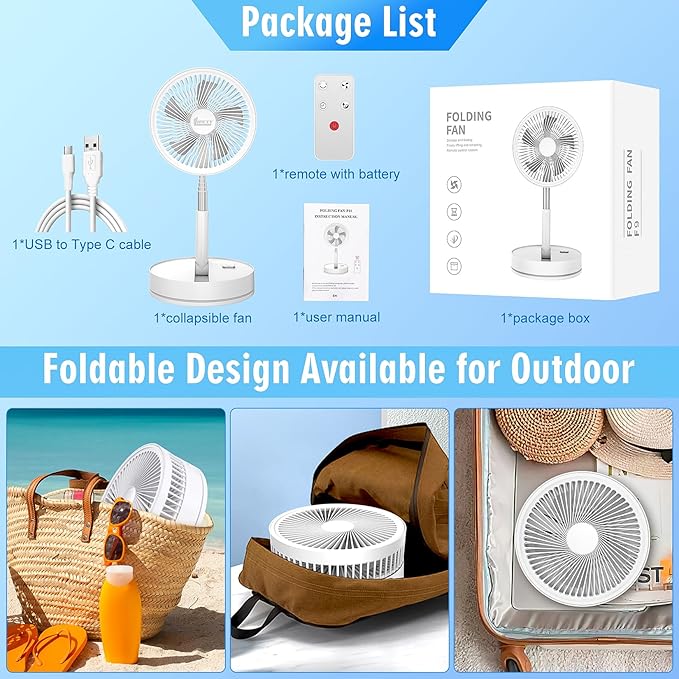 Portable Foldable Rechargeable Oscillating Fan - 8.6" 8000mah Battery Operated USB C Small Fan with Remote Quiet Table Desk Fan Folding Standing Pedestal Fan for Bedroom Rome Office Camping Travel