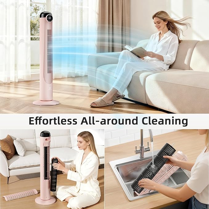 Antarctic Star T36 Tower Fan-36 Inch, Bladeless Oscillating Fan with Remote, 6 Speeds & 4 Modes, LED Display, 9H Timer, Quiet Floor Standing Fan for Bedroom Living Room Office, Pink