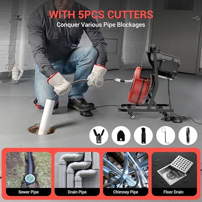 50 FT x 1/2 Inch Drain Cleaner Machine, Sewer Snake Electric Cleaning Machine with Wheels for 2" to 4" Pipes, Plumbing Power Augers Cleaner with 6 Cutter and Foot Switch for Sewer, Sink, Toilet