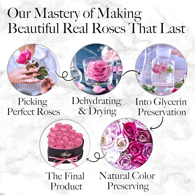 GLAMOUR BOUTIQUE 16 Flower Forever Heart Shape Box, Eternal Preserved Roses Gift for Her, Lasting Flowers, Romantic Floral Keepsake for Birthday, Anniversary or Valentine’s Day, Pink (Color-Treated)