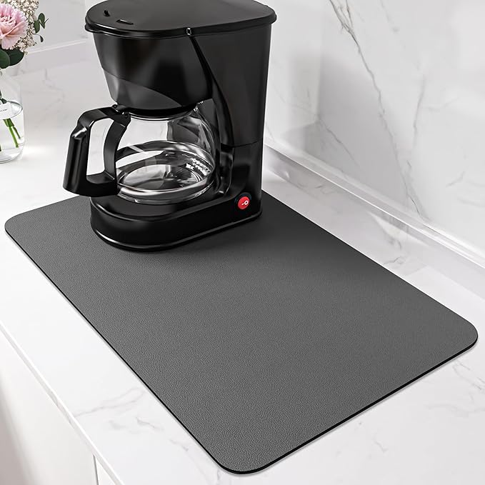 PoYang 17"x12" Coffee Mat Small, Coffee Bar Accessories for Countertop, Absorbent Dish Drying Mat, Anti-Slip and Hide Stain Pad for Espresso Machine, Espresso Maker and Kitchen Counter, Gray