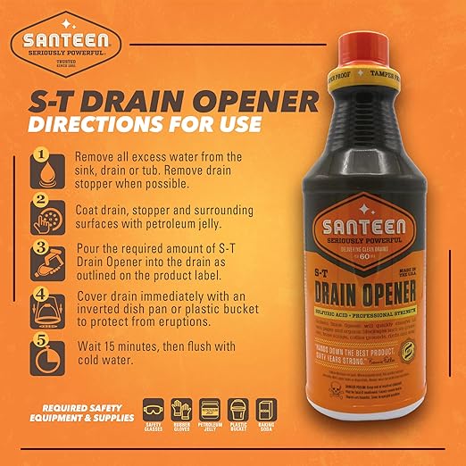 Santeen S‑T Drain Opener – Professional Strength Liquid Drain Cleaner for Sinks, Toilets & Showers – Dissolves Grease & Organic Buildup – PVC & Septic Safe – Case of 6 (32 oz) Bottles