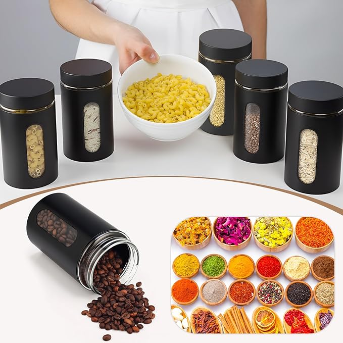 Patelai 6 Pack Kitchen Canisters Set Airtight Stainless Steel Canister Food Storage Container with Window Glass, Coffee Sugar Candy Jars Tea Organizer for Flour Cookies Spice (Black,32 oz)