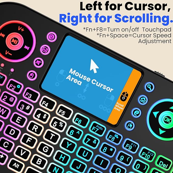 Mini Keyboard with Touchpad-2.4GHz & Bluetooth Dual-Mode,7-Color Backlight, Multimedia Hotkeys, Rechargeable, for Android TV Box, Smart TV, Projector, PS3, PC, Tablet, Windows/iOS/Android