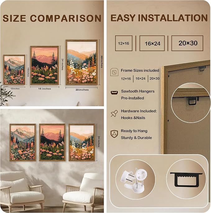 WRFON Botanical and Flower Canvas Wall Art, Framed Mountain Landscape Wall Art Set of 3, Wildflower Meadow Canvas Print, Rustic Nature Decor for Living Room Bedroom Cabin Lodge Farmhouse Decor, 12x16
