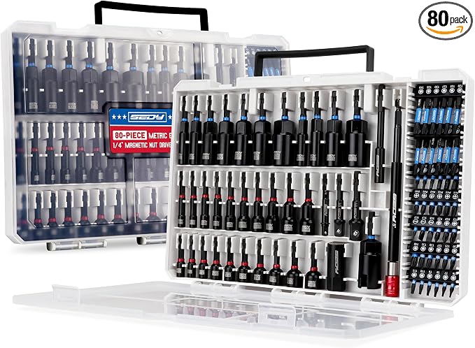 80-Piece Premium Magnetic Impact Nut Driver Set Metric & SAE with Socket Adapters, Bit Holder, Wing Nut Driver, Universal Sockets, Quick Release Extension, Power Bits