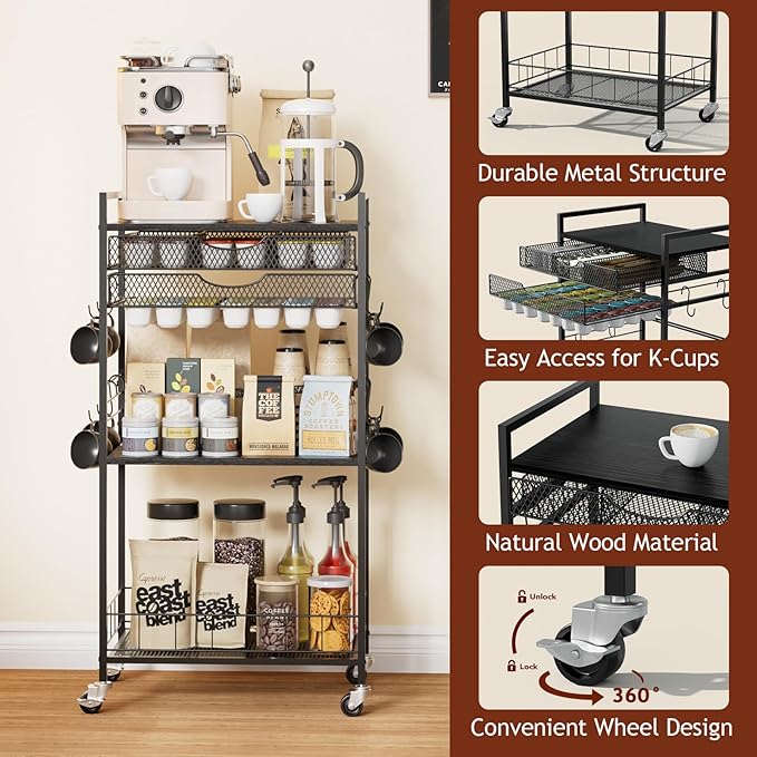 Homsorout Coffee Bar Station with Storage Drawer - 5 Tier Coffee Table Countertop Organizer for K Cups, Tea Bags, Sugar Storage and Kitchen Cabinets (Black)