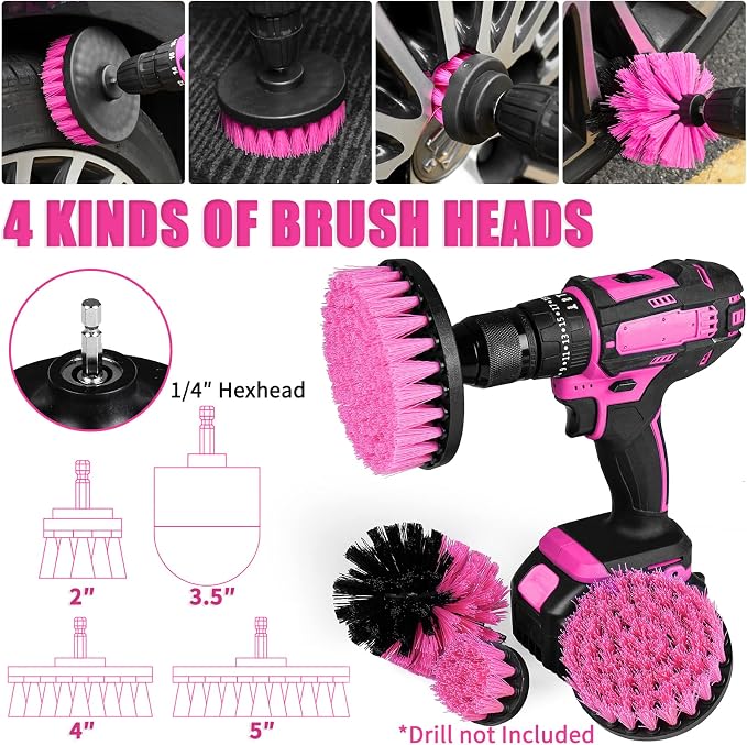 Viewsun 20PCS Car Cleaning Kit, Pink Car Interior Detailing Kit with Drill Brush Set, Windshield Cleaning Tool, Detailing Brushes, Wire Brushes, Cleaning Gel, Complete Cleaning Supplies for Women