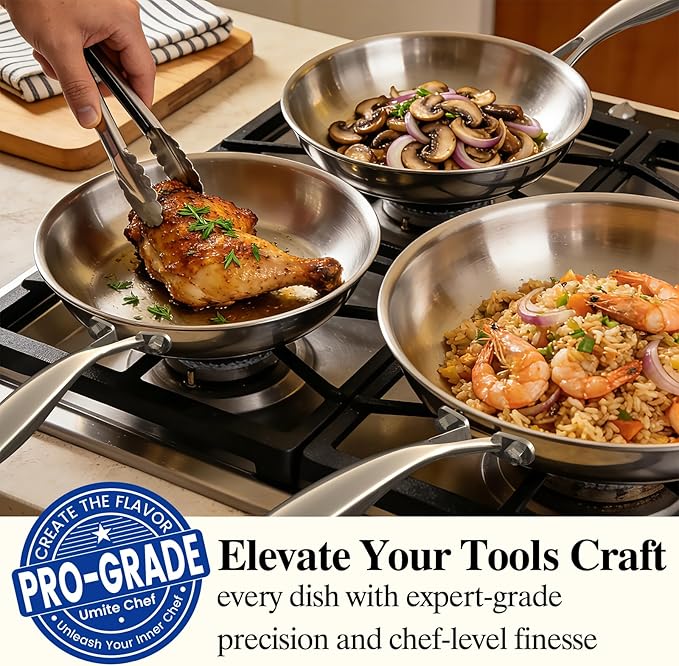 Stainless Steel Frying Pan Set with Lid, Umite Chef 3Pcs Skillet Set (Includes 8",10",12") - 5 Ply Stainless Clad - Heavy Duty & Professional Cookware Set, Fast & Even Heat, Dishwasher and Oven Safe