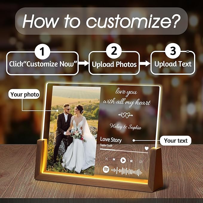 Personalized Valentine's Day Couples Gifts For Him Her Women Men, Custom Acrylic Spotify Plaque Light Up Picture Frame, Customized Anniversary Birthday Wedding Gifts For Husband Wife BF GF