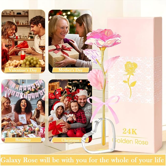 Mothers Day Mom Gifts for Women Grandma, Artificial Forever Birthday Flowers Galaxy Glass Eternal Roses with Heart Shaped Crystal Vase, Mother's Day Anniversary Wedding Rose Gifts for Wife Sister