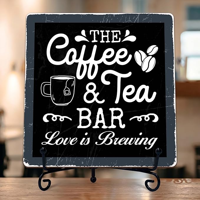 Coffee Bar Sign, Love is Brewing Farmhouse Tabletop Decor, Coffee and Tea Lover Gifts, 5x5 Wood Plaque with Iron Stand for Home Kitchen Cafe, Coffee Bar Decor – L03