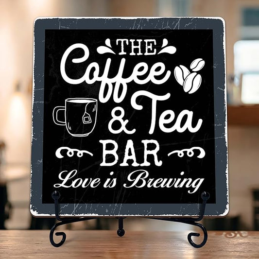 Coffee Bar Sign, Love is Brewing Farmhouse Tabletop Decor, Coffee and Tea Lover Gifts, 5x5 Wood Plaque with Iron Stand for Home Kitchen Cafe, Coffee Bar Decor – L03
