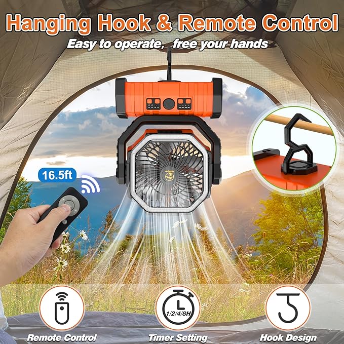20000mAh Rechargeable Camping Fan, Auto-Oscillating Portable Fan for Camping with Remote & LED Lantern, 4 Speeds Battery Powered Fan with Hanging Hook & Timer for Tent, Travel, Outdoor, Home, RV