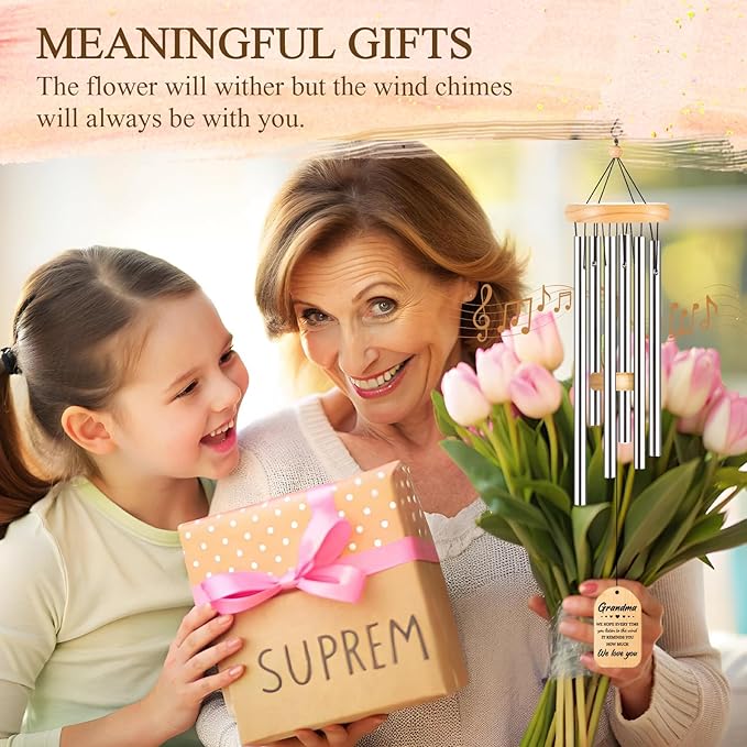 Gifts for Grandma, Grandma Gifts for Mothers Day, Grandmas Wind Chimes, Best Christmas Thanksgiving Present for Grandmother, Nana, Granny, 25.5 inches, Silver