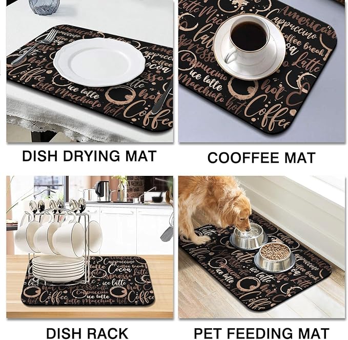 Coffee Bar Mat Accessories for Countertop Absorbent Hide Stain Rubber Backed Dish Drying Mats for Kitchen Counter Draining Pad Decor Gift(24x16in)