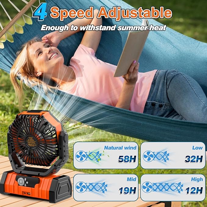 20000mAh Rechargeable Camping Fan, Auto-Oscillating Portable Fan for Camping with Remote & LED Lantern, 4 Speeds Battery Powered Fan with Hanging Hook & Timer for Tent, Travel, Outdoor, Home, RV