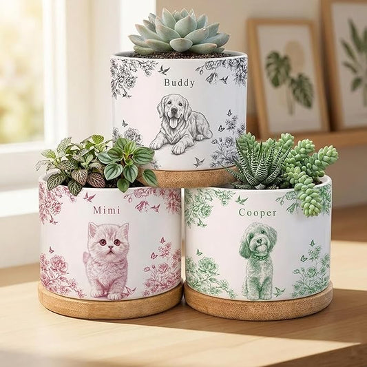 Personalized Pet Portrait Toile De Jouy Plant Pot, Custom Dog Photo Plant Pot for Dogs Mom, Pet Mom Gifts, Cat Lover Gifts, Pets Lover Gift, Memorial Dog Cat Gift