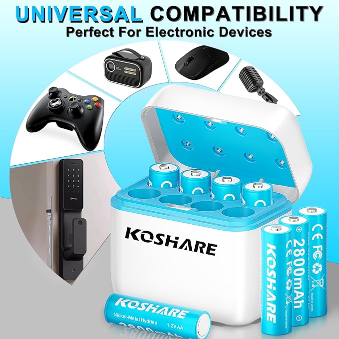 8 Pack Rechargeable Ni-MH Batteries AA with Charger, 1.2V 2800mAh Ni-MH AA Battery,Double A NiMH Battery,Rechargeable up to 800 Times,Pre-Charged (White+Blue, 8AA+8Slot Charger)