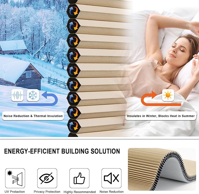 Tonature No Drill Cellular Shades for Indoor Windows, Thermal Insulating & Noise Reducing Honeycomb Blinds, Free Stop Cordless Blackout Shades, Beige,29" W x 80" H