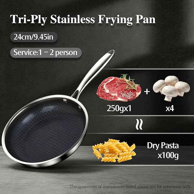 BRASA Nonstick Frying Pan 9.45-inch,Tri-Ply Stainless Steel Skillet,Honeycomb Ceramic Coating, Induction & All Cooktop Compatible,Dishwasher safe (PFOS, PFOA Free)(9.45 in+5.9 in trivet)