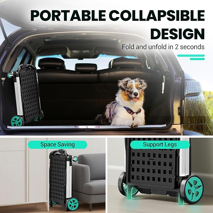 SILVEL 8-in-1 Collapsible Shopping Cart, 200LBS Portable Multi Functional Rolling Crate with 1 Storage Cart,Adjustable Handle Folding Grocery Cart on Wheels for Warehouse, Office, Supermarket, Teal