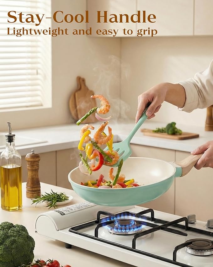 FDN 16Pcs Titanium Pots and Pans Set,Toxic-Free Cookware Set, Dishwasher & Oven Safe, Induction Compatible with Bakelite Wood Grain Handle, Compact and Durable
