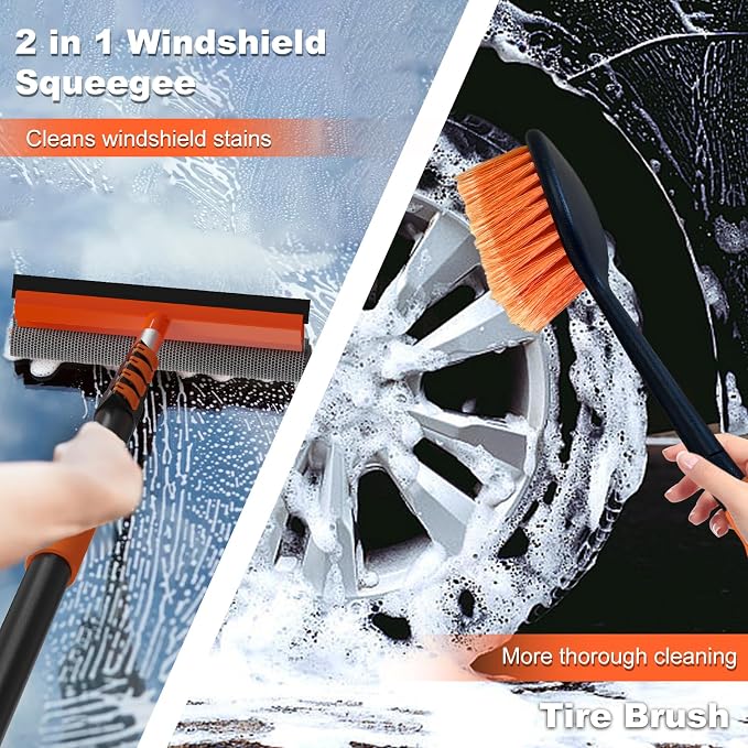 Buyplus 18FT Reach Car Wash Brush with Long Handle - Car Cleaning Kit with 3-12FT Extension Pole, Wheel Brush, Microfiber Cleaning Mop, Mitt, Window Squeegee for RV Truck SUV Boat Solar Pane Washing