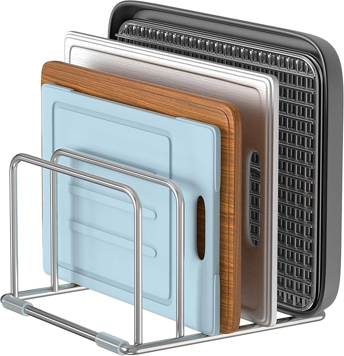 Cutting Board Holder Stand, Chopping Board Organizer Rack with 304 Stainless Steel, Cookie Sheet Storage Organizer, 1.0 & 1.2 Inch Wide Slots (1 Pack)