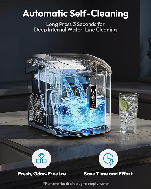 EUHOMY Ice Maker Countertop, 9 Cubes Ready in 6 Mins, 26lbs/24H, Self-Cleaning, Portable Ice Maker Machine with Carry Handle, Basket and Scoop, 2 Sizes of Bullet Ice for Home, Kitchen, Office