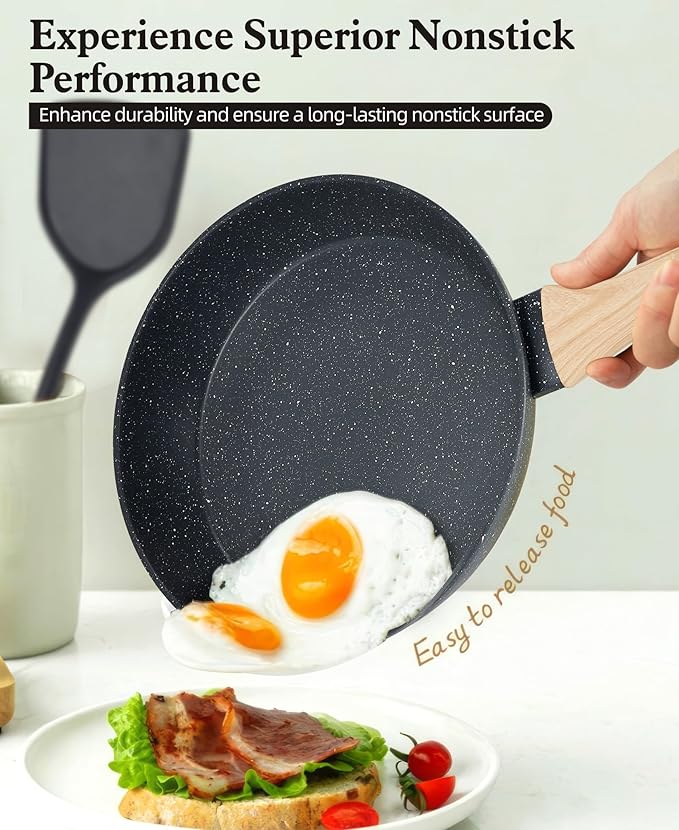 12-Piece Nonstick Ceramic Cookware Set, Healthy Non-Toxic Granite Pots and Pans Set, PFAS PFOA Free Kitchen Cookware with Silicone Spatula, Dishwasher Safe, Black