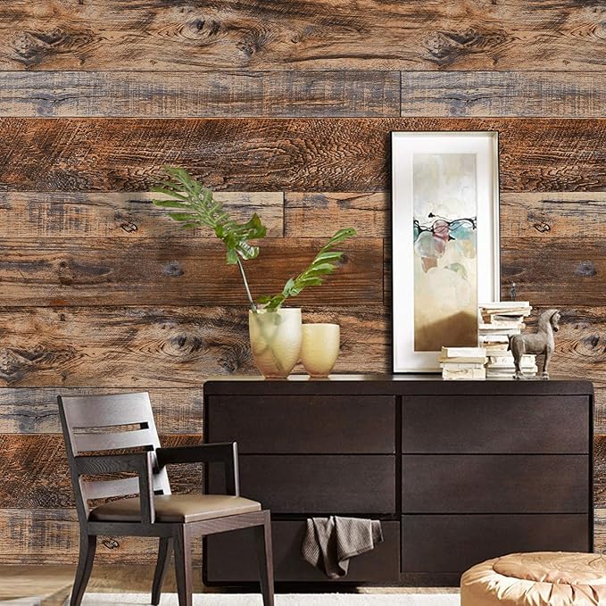 WENMER 17.71" x 708" Brown Wood Wallpaper Peel and Stick Wallpaper Shiplap Self Adhesive Wall Paper Wood Contact Paper Removable for Cabinet Countertop Shelf Drawer Wall Door