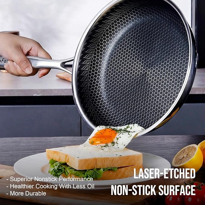 8 Inch Hybrid Nonstick Frying Pan, Stainless Steel Pan Non Stick Skillet, PFOA Free Cookware, Non Toxic Chef's Pan, Compatible with Electric, Gas and Induction, with Lid