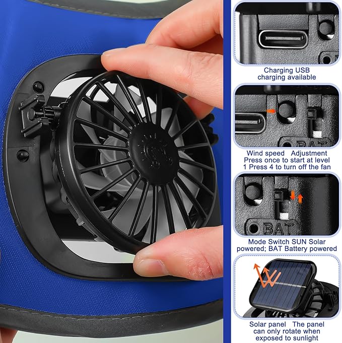 1 Set Sun Hard Hat Shade Full Brim Hard Hat Sun Visor with 2 Solar Fans and Neck Sunshade Cover UV Reflective Strap Arm Sleeves for Construction Workers Outdoor Protection(Blue)
