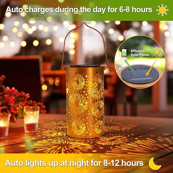 Mothers Day Gifts, Fireworks Birthday Gifts for Women, Solar Lanterns Outdoor Waterproof, Garden Decor Metal Hanging Decorative Solar Lights for Patio Yard Lawn, Gardening Gifts for Women Mom Grandma