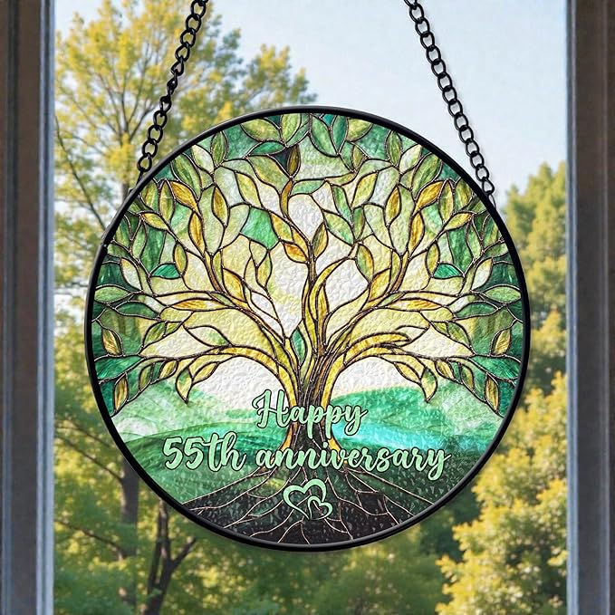 55th Emerald Wedding Anniversary Faux Stained Glass Suncatcher, Wedding Keepsake Ornament, for Parents, 55 Years of Marriage Gift
