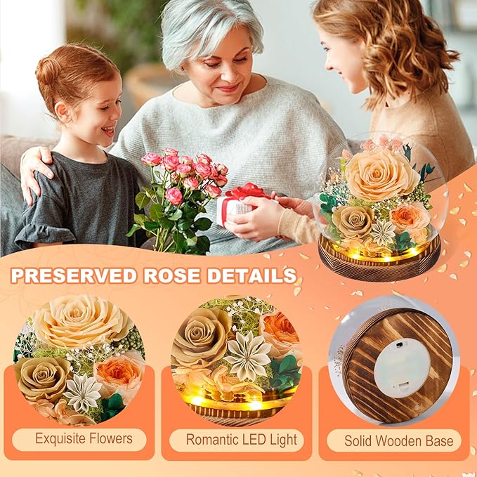 FIACO Gifts for Mom Birthday Gifts for Women Preserved Flowers in Glass Dome Forever Flowers for Delivery Prime Eternal Roses for Grandma Sister Daughter Wife Her Girlfriend, Yellow