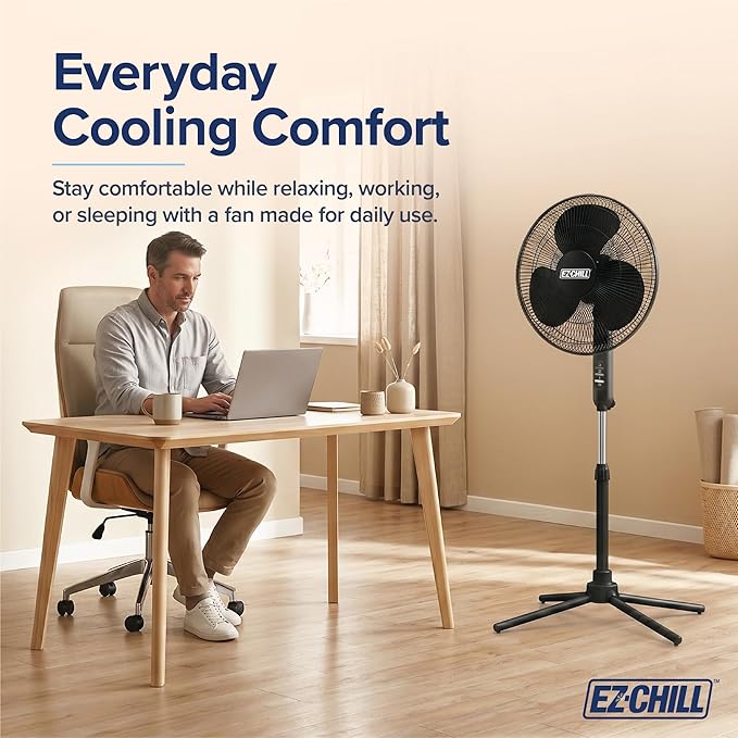 EZ-Chill 16” Oscillating Pedestal Fan, 3-speed Options, 90-Degree Oscillating Head, Adjustable Height and Tilt, Powerful Air Flow, Black, MTFS-16B-BLK