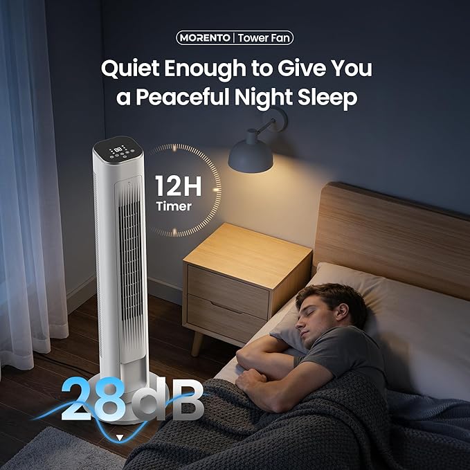 MORENTO Tower Fan for Bedroom, 2026 Upgraded 90° Oscillating 43" Standing Fan with 4 Speeds, 4 Modes, 25ft/s Velocity Bladeless Fan with APP/Voice/Remote/Touch Control, 28dB, 12H Timer, White 1Pack