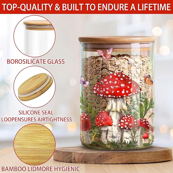 Mushroom Clear Glass Storage Jar with Airtight Lid, Food Canister for Kitchen Countertop, Coffee Tea Sugar Cookie Spice Home Kitchen Organizers 3 Pack